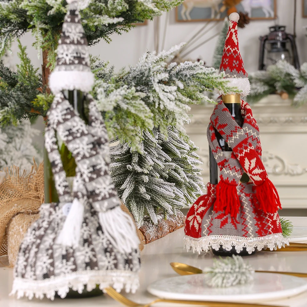 Christmas Bottle Decoration Knit Three-piece Skirt / Hat / Scarf Restaurant Layout Christmas Style Wine Bottle Cover