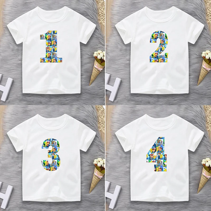 

2020 Summer New Pokemon Go Pikachu Number 0-9 T Shirt Child Short Sleeves Cartoon T-Shirt Kids Tee Tops 2-14Y Cotton Clothing