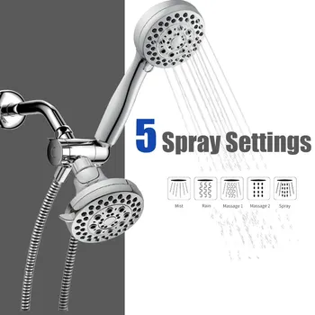 

Handheld Shower Head Rain Showerhead Combo 5 Spray Settings High Pressure With 3-Way Water Diverter Stainless Steel Hose Set