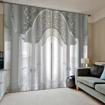 

European Curtains Photo Painted 3D Curtain Living room Off-white background architectural pattern decorative curtains