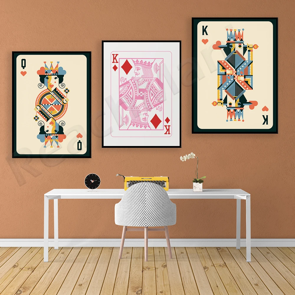 

King and queen of hearts print, playing cards wall art his and her anniversary wedding couple bedroom decor geometric poster