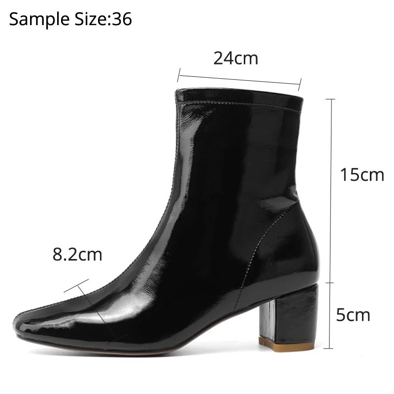 Real Patent Leather Women Short Boots Autumn Winter Mid Heel Shoes F009 Fashion Ladies Zipper Black Beige Square Toe Ankle Boots