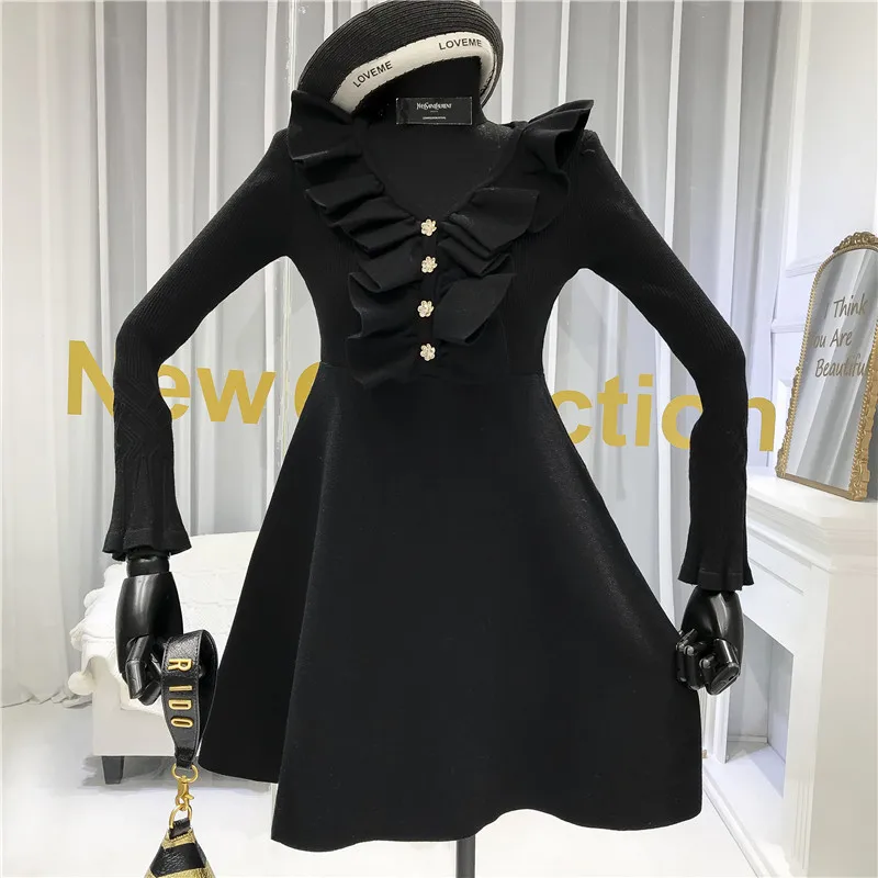 ALPHALMODA Осень Зима Женское платье с оборками вязаное платье с длинным рукавом v-образным вырезом Кристальные пуговицы женское милое платье