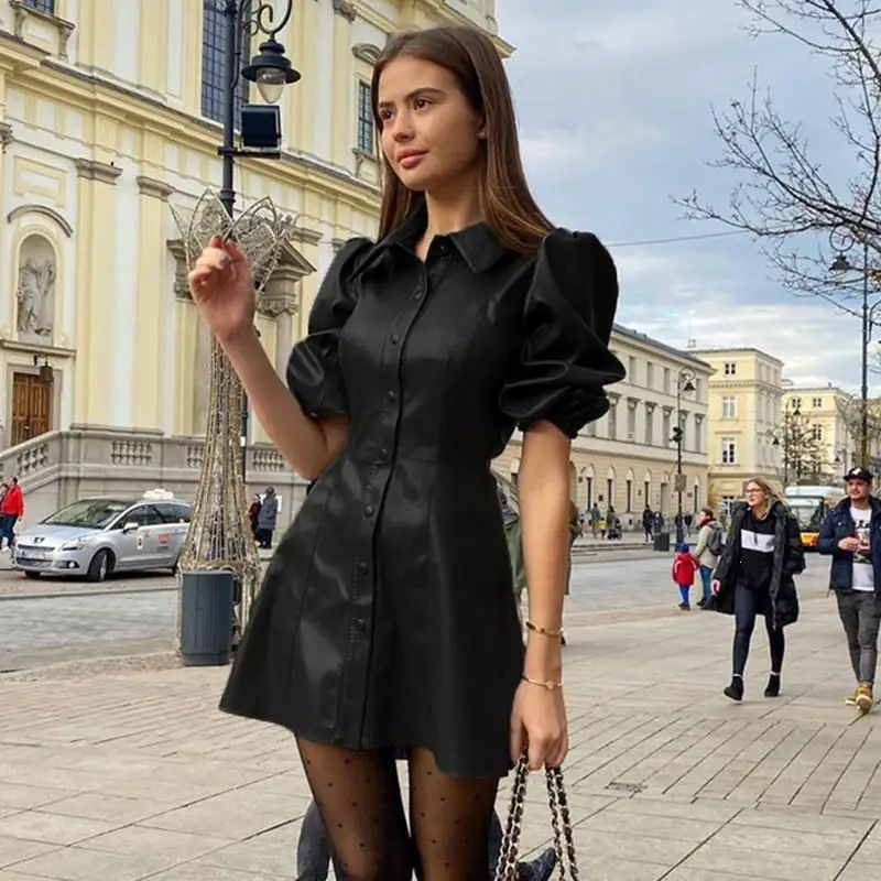 Женское платье из искусственной кожи с отложным воротником, Пышное Платье с длинным рукавом, платье трапециевидной формы с высокой талией, мини-платье из искусственной кожи