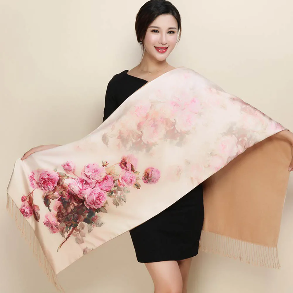 Silk Scarf 3 FS Элитный бренд печатных Шелковый шарф для женщин цветы платки с кисточкой дышащий теплый большой Бандана Хиджаб глава атласные шелковые шарфы для - Цвет: Silk Scarf 3