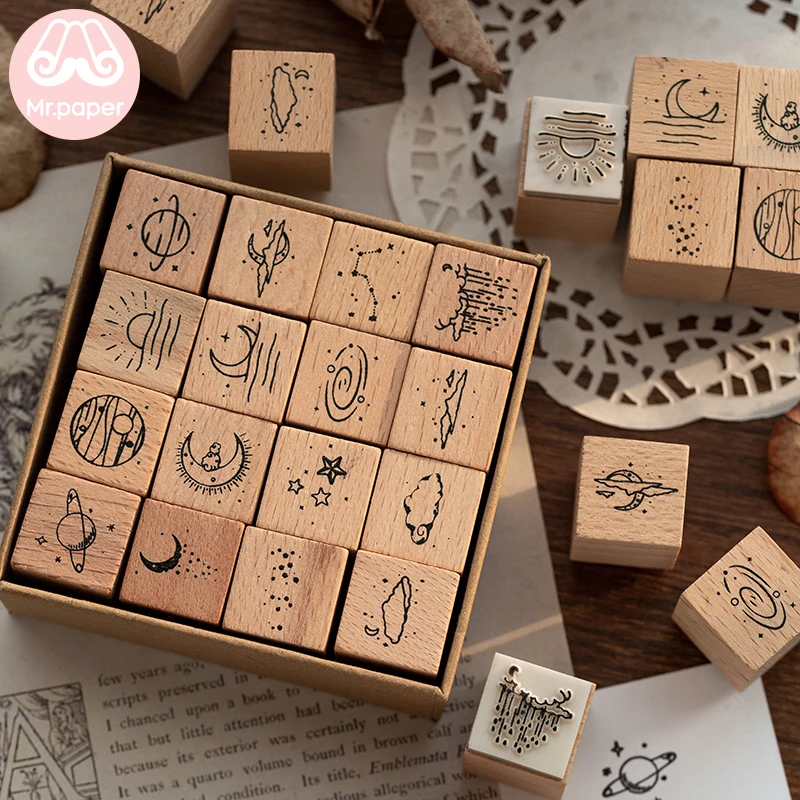 

Mr Paper 16pcs/pack The Moon and Sixpence Series Seal Wooden Rubber Stamps for Scrapbooking Deco Craft Planet Star Wooden Stamps