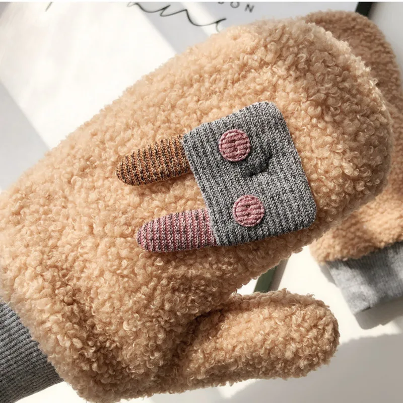 Kawaii, женские перчатки, зимние, плюшевые, теплые, милые, мультяшная перчатка с мехом кролика, для студентов, девочек, мягкие, сохраняющие тепло, розовые, перчатки для улицы, варежки