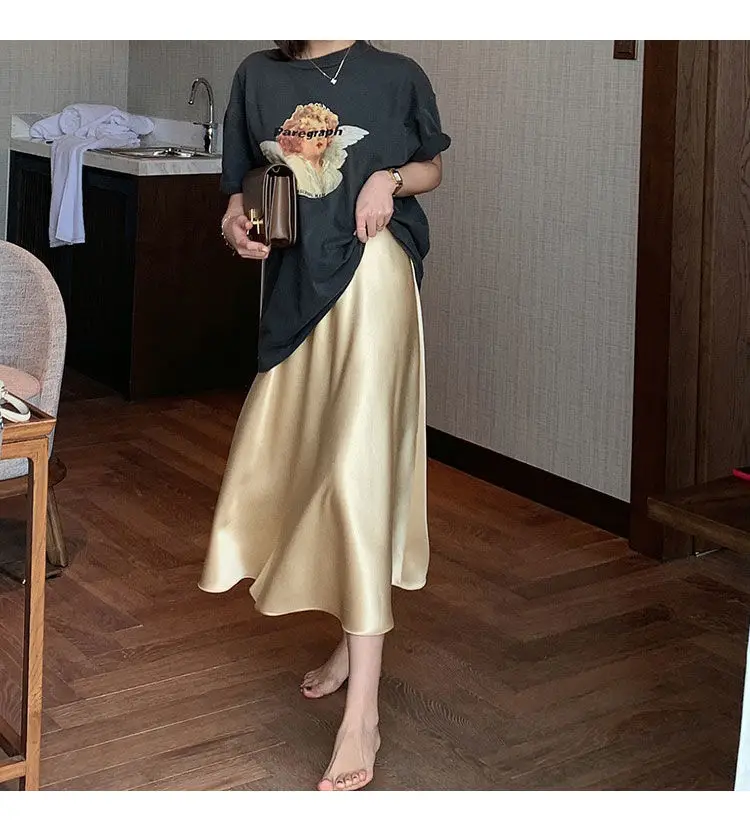 HOUZHOU Vintage Elegant Satin Skirt Women Temperament Luster High Waist A-line Midi Long Skirt Summer Solid Loose Korean Fashion HOUZHOU Vintage Elegant Satin Skirt Women Temperament Luster High Waist A-line Midi Long Skirt Summer Solid Loose Korean Fashion