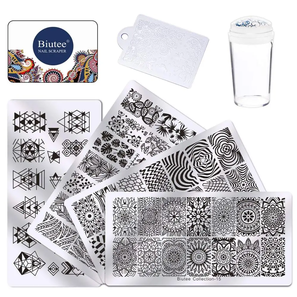 Biutee дизайн ногтей Stempel Vorlagen Stamper Schaber Kit-4 Maniküre Platten Set mit 1 Polnisch Stempel von Salon Designs - Цвет: Черный