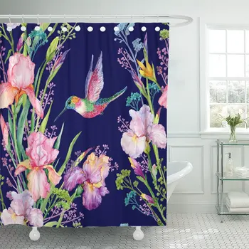 

Green Irises Flowers and Small Hummingbird Exotic Watercolor Blue Shower Curtain Waterproof Polyester Fabric 72 x 78 Inches Set