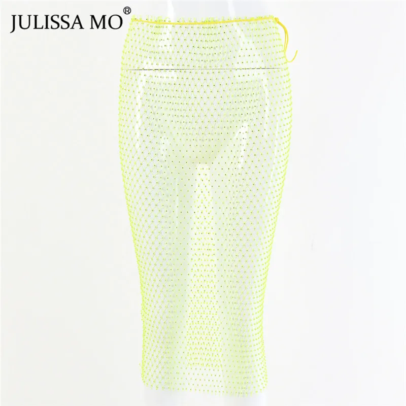 long skirt Julissa mo, ажурные Стразы, длинные юбки для женщин, алмазная прозрачная сетчатая юбка, модные, эластичные, пляжные, вечерние, юбка-карандаш - Цвет: long skirt