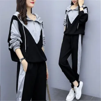 

Patchwork Tracksuit Two Piece Set Women Spring Autumn Clothes Hooded Pullover Top And Pants Oversized Casual Sport Suit Conjunto