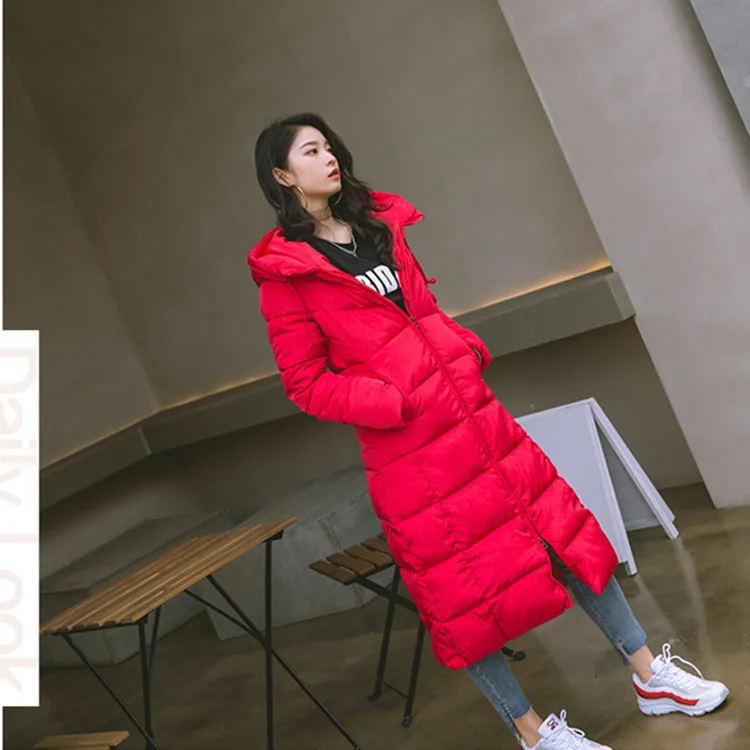 

18 Winter Street Cool Network hong yu rong Cotton Coat Women's Korean-style X-long over-the-Knee Solid Color Hooded Cotton-padde