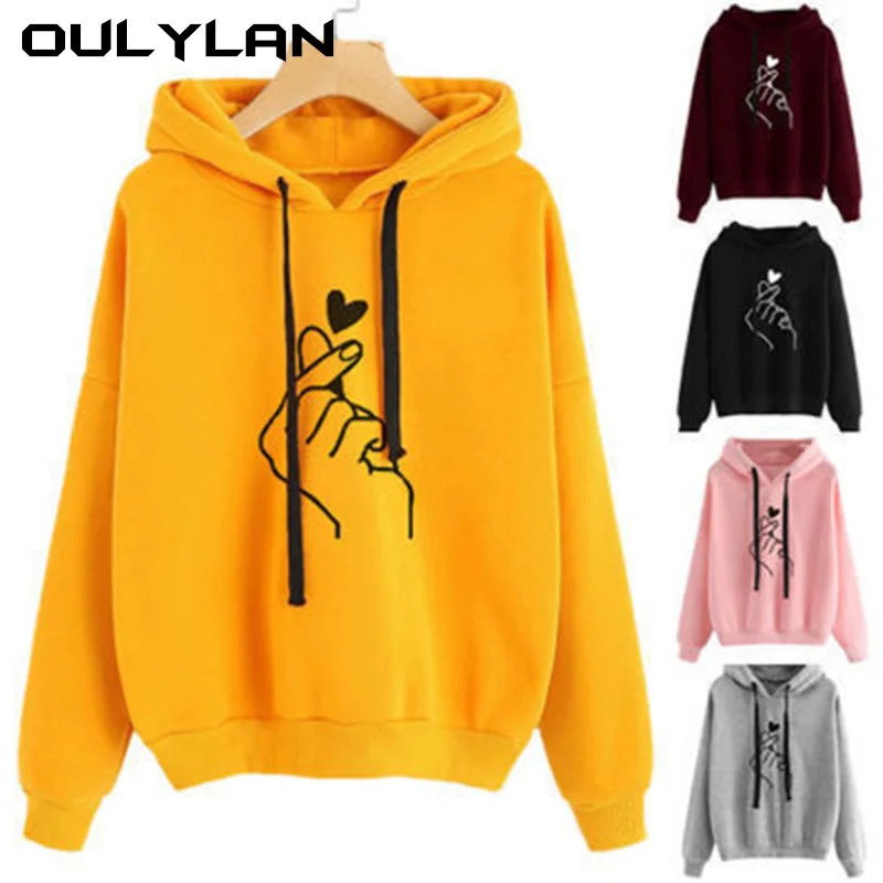  Oulylan Women Hoodies Casual Finger Heart Love Pattern Hooded Sweatshirts Drawstring Long Sleeve Fe