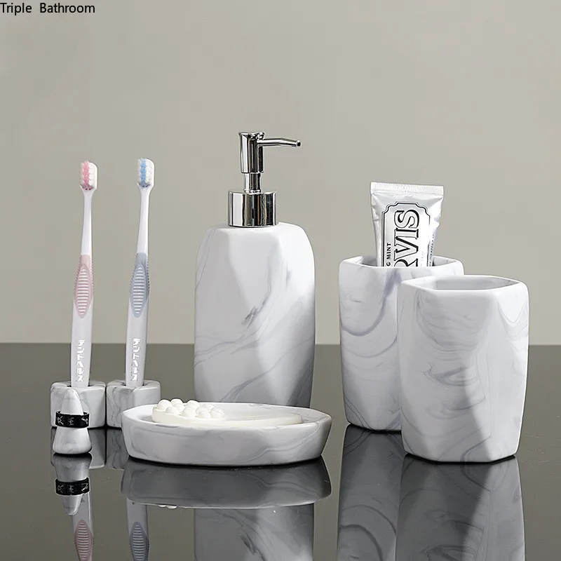 PROD 1005002687796189 Ceramics Six Piece Set Nordic Style Marbling
Gargle Cup Lotion Bottle Soap Dish Toothbrush Holder Bathroom
Accessories Set
