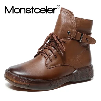 

Explosions Genuine Leather Women's Boots Vintage Lace-up Short Boot Spring Autumn Side Zipper Soft Belt Buckle Handmade Shoes