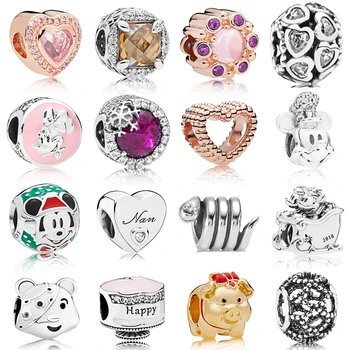 

NEW 100% 925 Sterling Silver 1:1 Cute Animal Golden Pig Rose Gold Heart Shaped Snake Charm Fit DIY Original Bracelet Jewelry