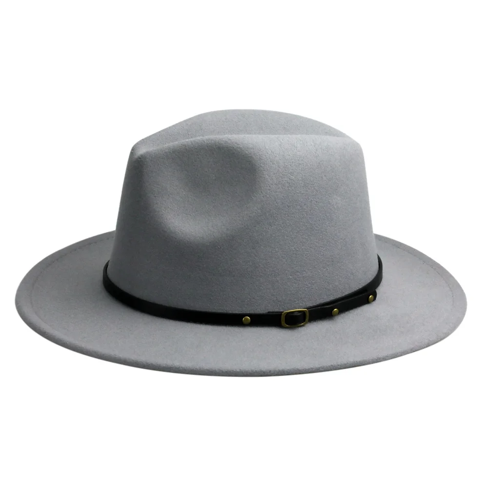 YY 14 цветов Fedora шляпа для женщин и мужчин зима PU ремень фетровая Кепка с плоскими полями шерстяной джазовый Панама Винтаж Трилби шляпа игрока FD19017 - Цвет: Grey Fedora Hat