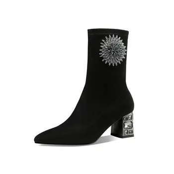 

Elegant Women Mid-Calf Boots Autumn Winter Newest Shoes Woman Slip-on Wedding Party Pointed Toe High Heels Boots