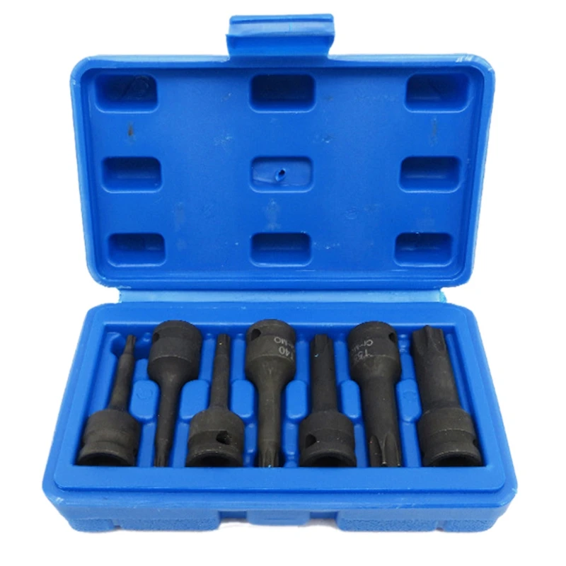 

7Pc 3/8 inch Sockets Bit Socket Set T20 T25 T30 T40 T50 T55 T60 (T20-T60) Length 60Mm Pneumatic Spline Bit Sockets
