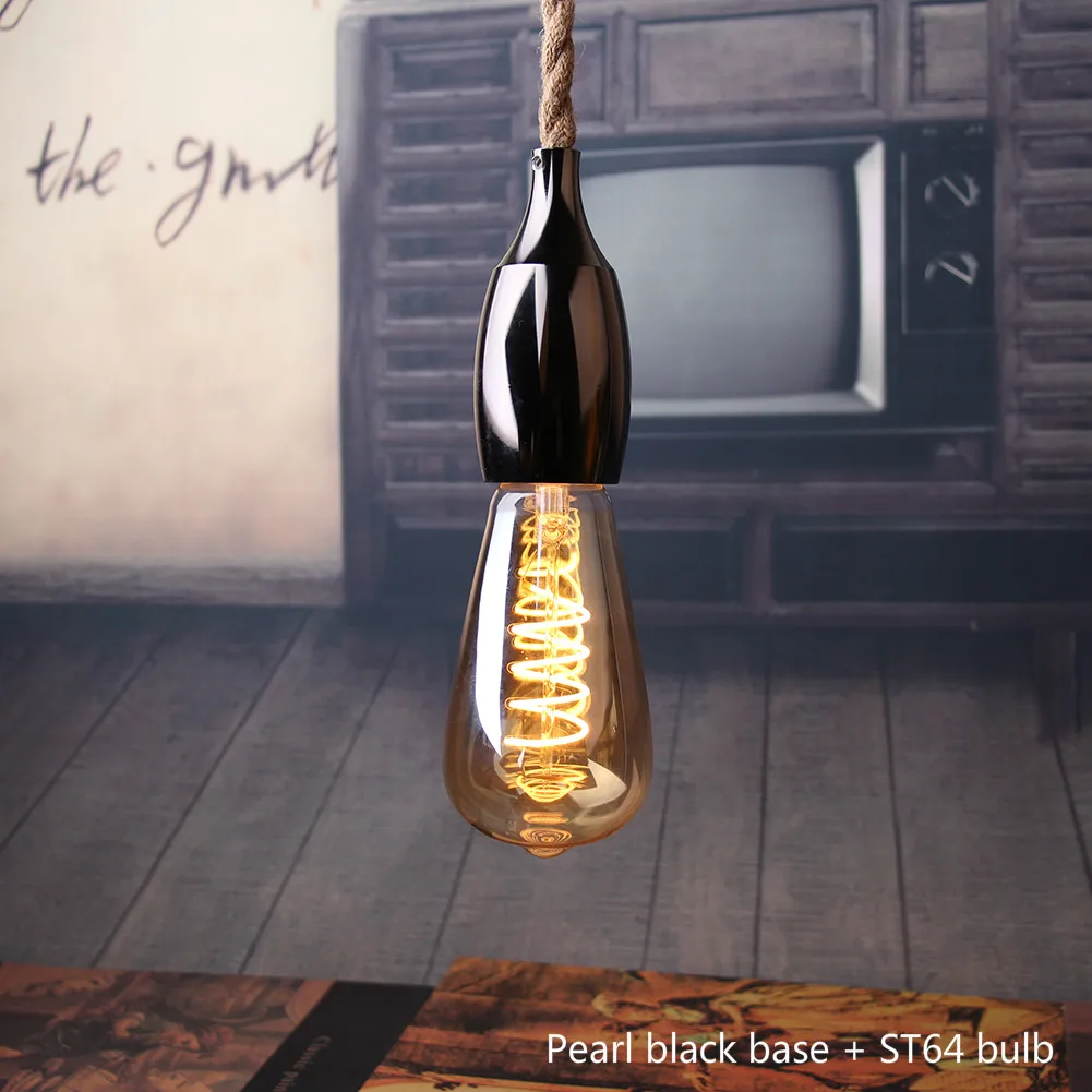 Pearl black ST64 Подвесной светильник в скандинавском стиле из пеньковой веревки, промышленный Ретро лампен DIY для спальни, гостиной, E27, светодиодный, современный, креативный, подвесной светильник - Цвет корпуса: Pearl black ST64