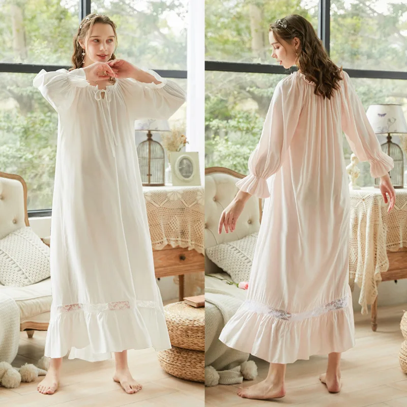 Elegant White Pink Sleepdress Autumn Sleepwear o Neck Bow Tie Long