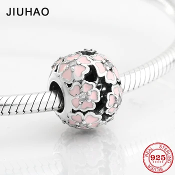 

Fashion 925 Sterling Silver exquisite pink Enamel flower zircon beads Fit Original JIUHAO Charm Bracelet Jewelry making