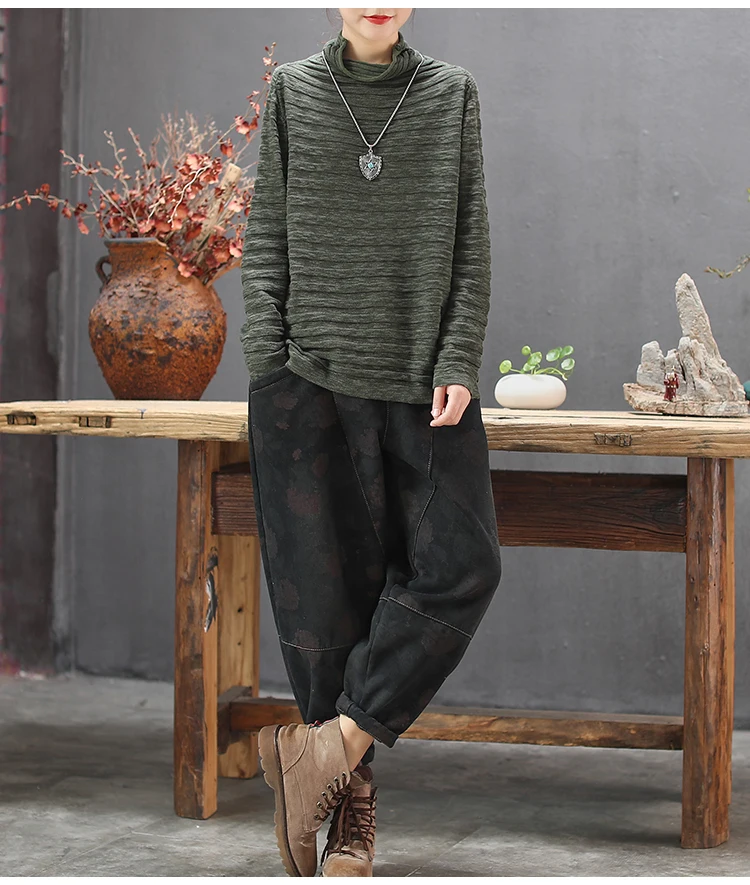 Vintage Women Jeans Autumn Winter New Print Floral Fleece Warm Pants Elastic Waist Female Fashion Trousers YoYiKamomo