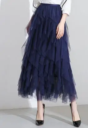 Юбка-пачка из тюля, Женская длинная юбка макси, Корейская Милая синяя серая плиссированная юбка с высокой талией, юбка из тюля для школьниц