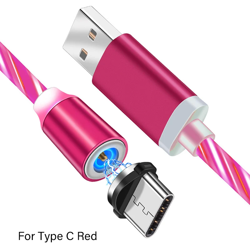 Магнитный зарядный кабель светодиодный светящийся струящийся usb-кабель для зарядки типа C/Micro USB/8 Pin провод для быстрой зарядки освещение для iPhone 8 Android USBC - Цвет: Red For Type C