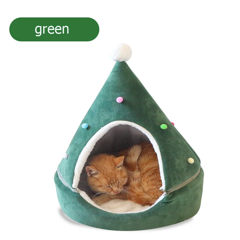 green HEYPET домик для кошки в форме рождественской елки Новогоднее мягкое теплое гнездо кровать для собаки кошки домашний домик для кошки Новогодняя теплая кровать для сна - Цвет: green