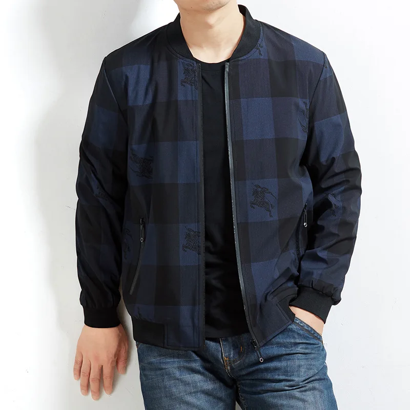 

New Autumn Fat Guy Plus-size 5XL 6XL 7XL Plaid Printed Casual Long Sleeve Men Jacket Loose-fitting Navy Black 120KG 130KG 140KG