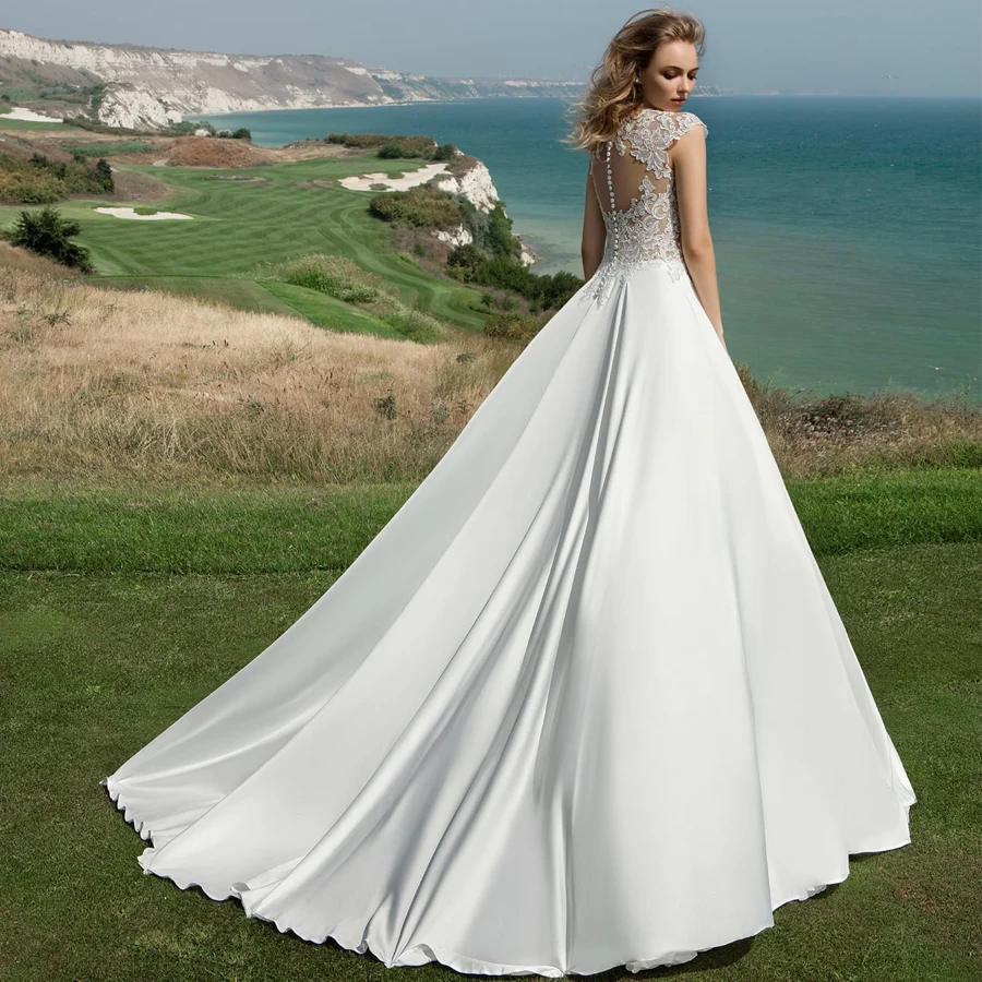 Элегантное свадебное платье Бохо es Robe De Mariage с коротким рукавом и круглым вырезом, прозрачное кружевное свадебное платье трапециевидной формы с пуговицами на спине