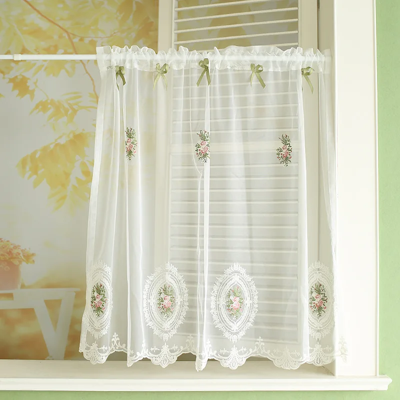 

White Voile Embroidery Half Curtain Short Curtain Kitchen Blind Cafe Bathroom Net Curtain Treatment Small Window Drapes 1pcs