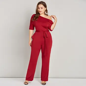

Straight Sexy Lace-Up Skinny Jumpsuit One Shoulder High Waist Plus Size Solid Red Office Ladies Rompers
