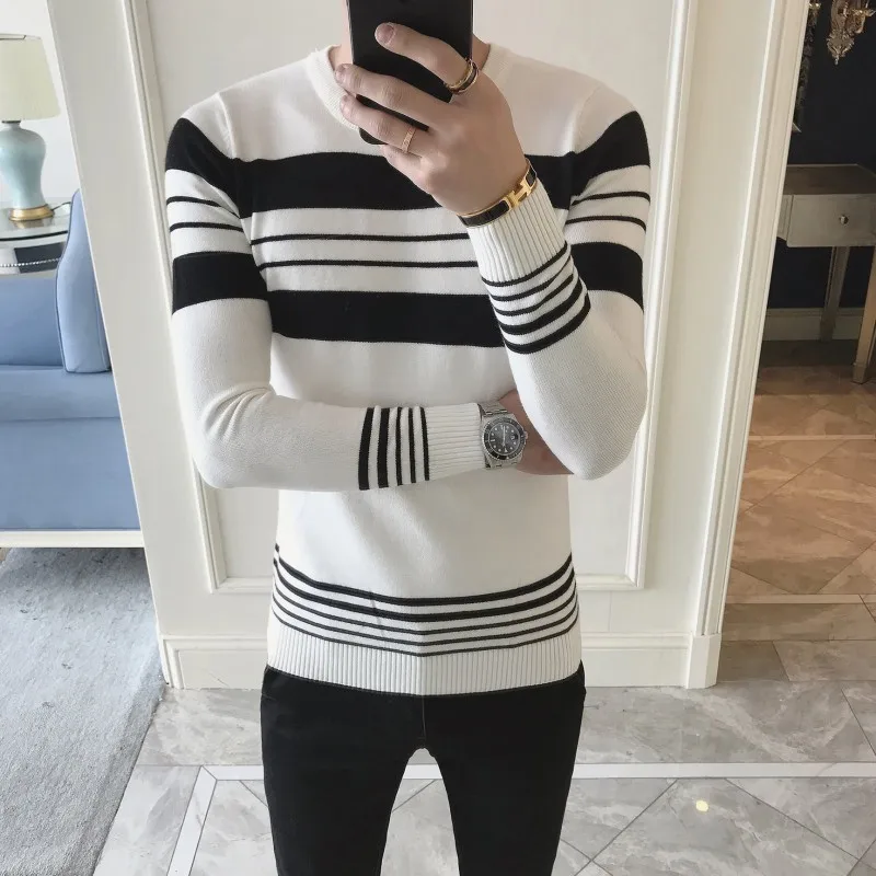 Patroon Streep Trui Mannen Sueter Hombre Zwart Wit Slim Fit Pull Home Erkek Kazak Trui Heren Chompa Hombre Gebreide Trui