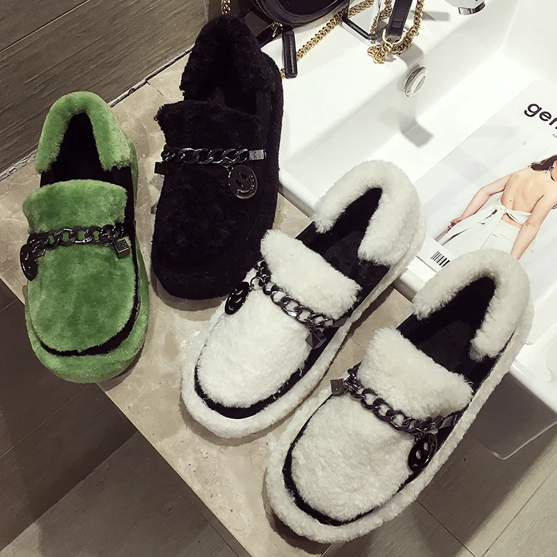 

Fashion pointed toe flats shoes women's winter shoes Plush Fur causal Warm Women Loafers Round Toe furry Shoe Female Off White