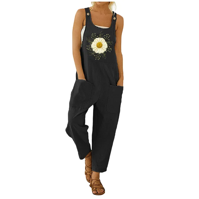 Womens Dungarees Print Rompers 2021 Summer New Ladies Casual Loose Linen Cotton Jumpsuit Sleeveless Pocket Overalls Playsuit 3A1820-Black