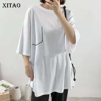 

XITAO Embroidery Letter T Shirt Fashion New Women Pullover Pleated Small Fresh Casual Style Loose Black White Tee DMY4304