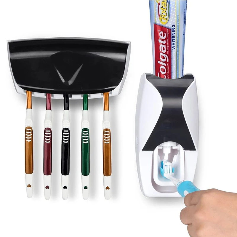 Get This Toothpaste-Dispenser Toothbrush-Holder-Set Bathroom-Accessories-Set Automatic Wall-Mount-Rack 4000953043927