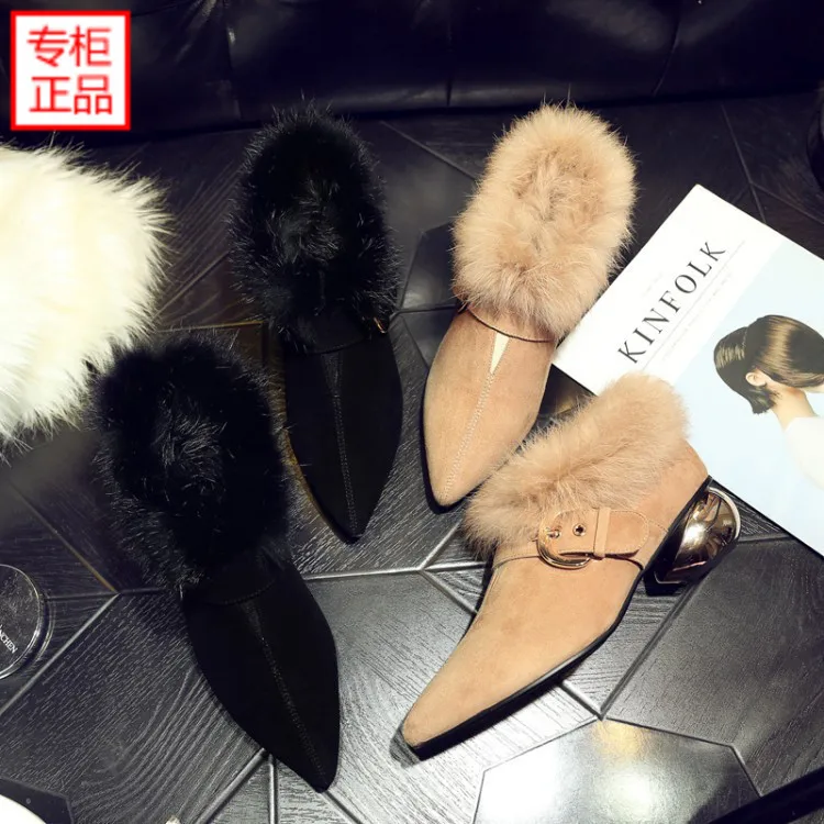 

Sheepskin Pointed-Toe Deep Mouth Chunky-Heel Fluffy Shoes Women's Rabbit Fur Versatile yi xing gen WOMEN'S Shoes Warm Single Sho