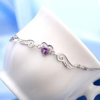 

AMORUI Angel Wing Heart Bracelets Silver Color Purple Crystal Lucky Charm Bracelet For Women Romantic Jewelry For Birthday Gift