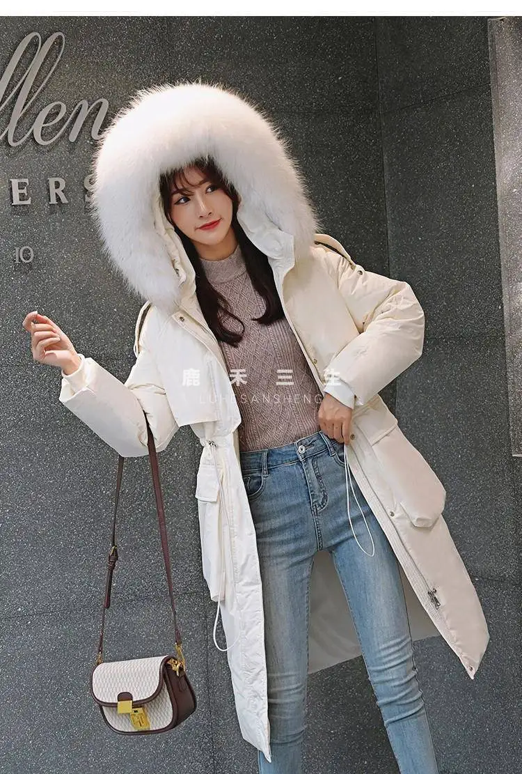 Heydress женское однотонное теплое пуховое пальто с воротником из меха енота элегантная Длинная Верхняя одежда женское белое пуховое пальто