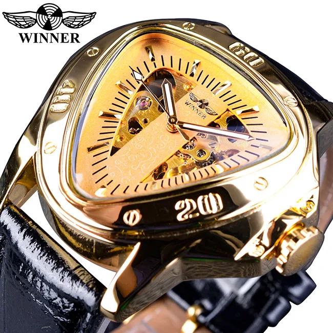 Winner золотые мужские механические Спортивные часы Мужские автоматические Cobra треугольный циферблат кожаный ремешок Часы Relogio Masculino Reloj часы - Цвет: GMT996-5