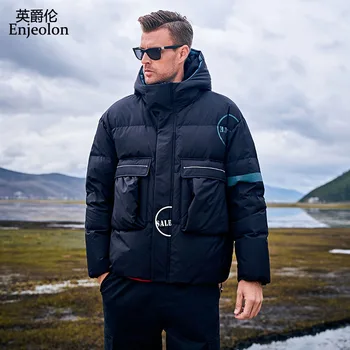 

Enjeolon Winter Down Jacket Men's Hooded Warm Contrast Color White Duck Down Jacket Thickening Male Coat Plus Size YR943