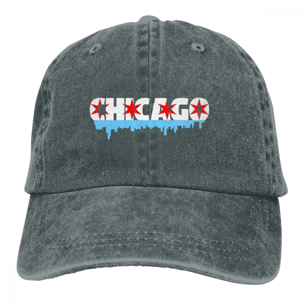 Chicago Flag Skyline Casquette Black Unisex Mens Womens Denim Strapback Baseball Cap Adjustable Golf Dad hat