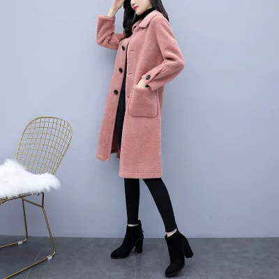 pink Зимнее Новое Женское пальто из зернистой овечьей шерсти модное свободное Женское пальто с мехом женское Шерстяное однобортное пальто T704 - Цвет: pink