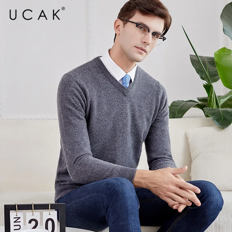 Great Value UCAK Brand Sweaters Men 2019 Autumn Winter V-Neck Solid Pure Merino Wool Casual Pull Homme Sterrtwear Knit Warm Sweater U3122