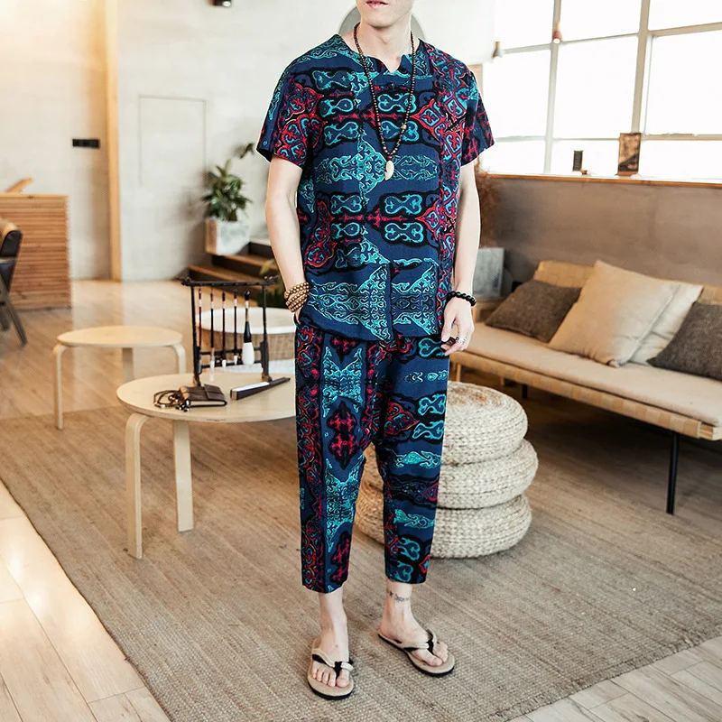 

2019 Summer New Style Chinese-style Cotton Linen Printing Short-sleeved T-shirt Large Size Loose-Fit Two-Piece Set Leisure Suit