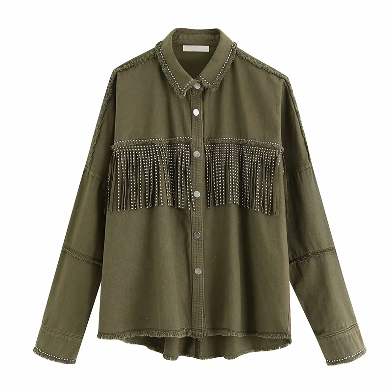 Army Green Модная Джинсовая куртка с кисточками, пальто для женщин, бахрома в стиле пэчворк, украшенное бисером, свободная куртка с длинным рукавом, уличная одежда, пальто, женская верхняя одежда, топы - Цвет: Army Green